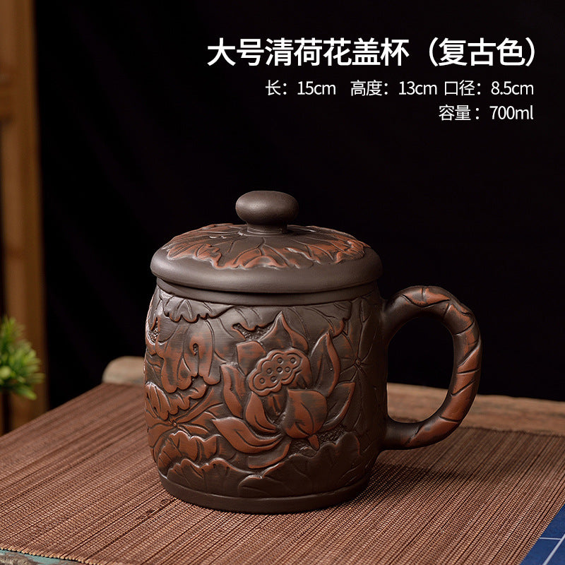 大容量中式宜興紫砂杯家用陶瓷朱泥蓋杯蓮花龍杯茶杯辦公水杯帶蓋