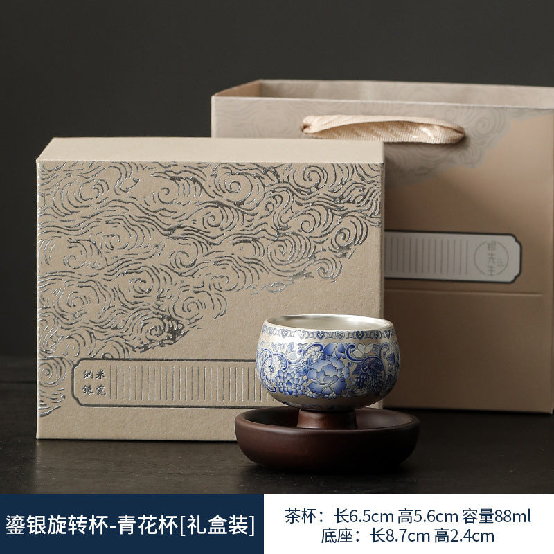 999純銀茶杯單杯時來運轉鎏銀陶瓷茶具高端主人杯360度可旋轉杯