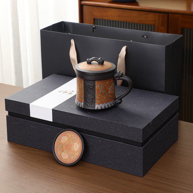 紫砂茶杯带盖过滤茶水分离杯家用个人专用高档办公杯马克杯泡茶杯