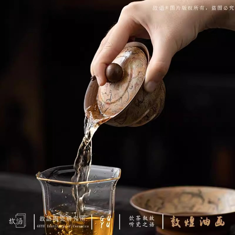 敦煌油畫純手工手繪三才蓋碗功夫茶具中國風不燙手泡茶碗釉下彩