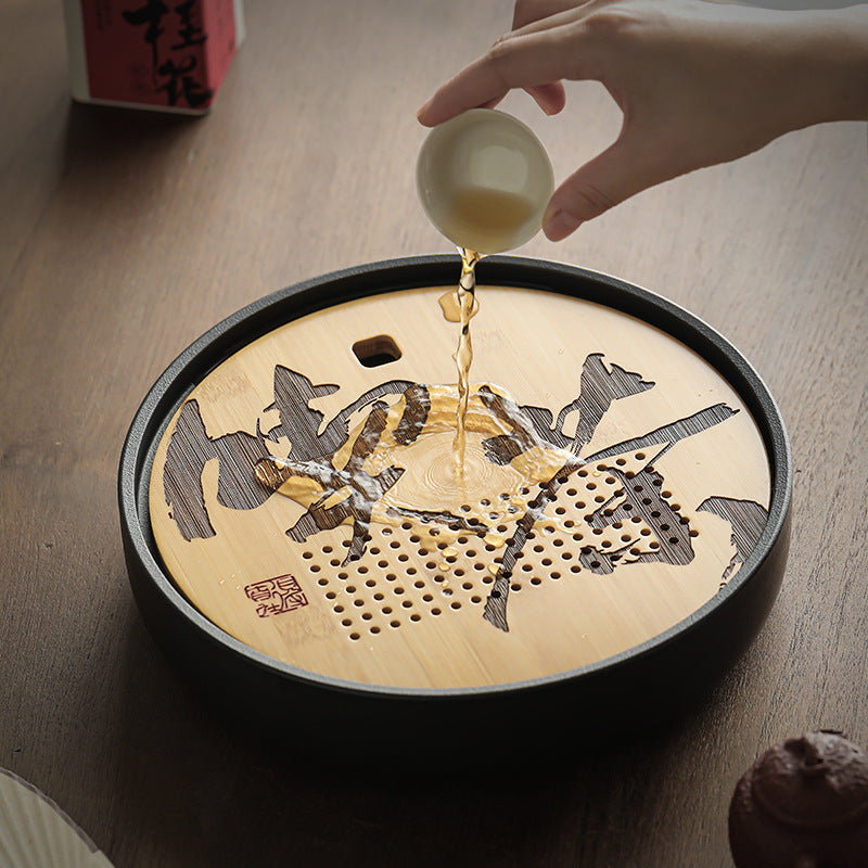 國潮中式陶瓷茶盤家用小型儲水盤竹制圓形瀝水茶臺幹泡臺