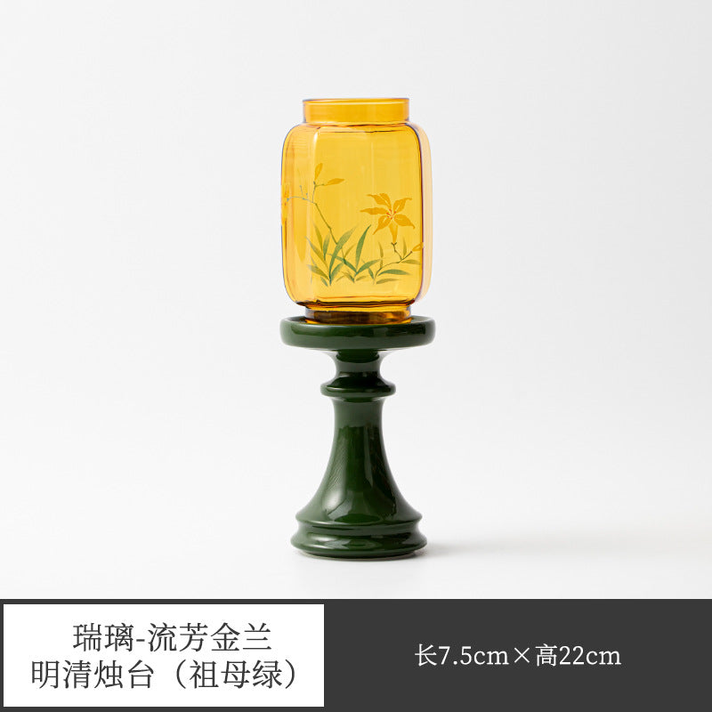 新中式玻璃祖母綠燭台 燕歸氛圍燈 香薰蠟燭 茶道配件 桌面擺件