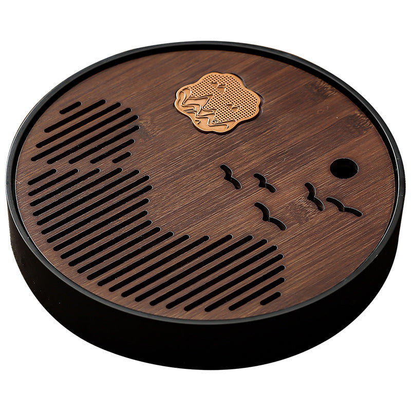 江山竹面茶盤家用簡約圓形茶臺茶託盤幹泡臺功夫茶具茶海儲水式