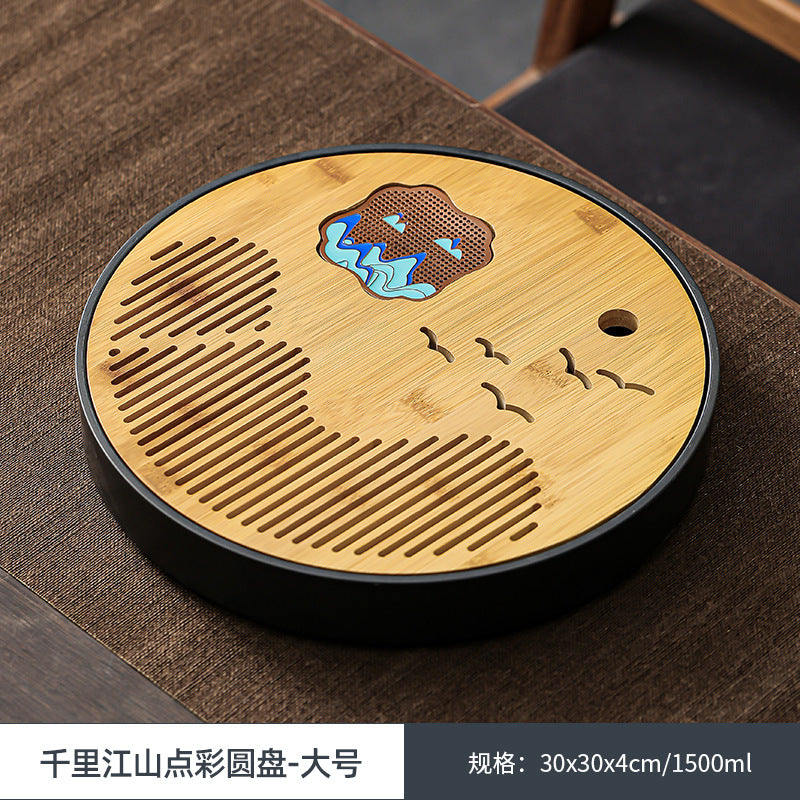 江山竹面茶盤家用簡約圓形茶臺茶託盤幹泡臺功夫茶具茶海儲水式