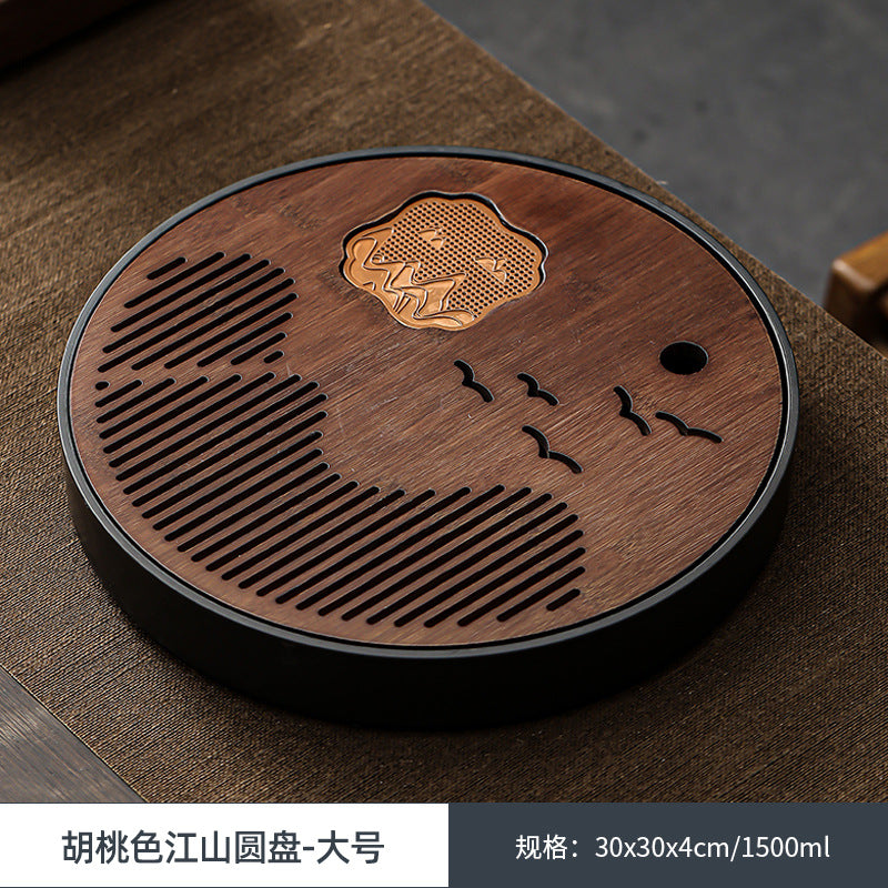 江山竹面茶盤家用簡約圓形茶臺茶託盤幹泡臺功夫茶具茶海儲水式