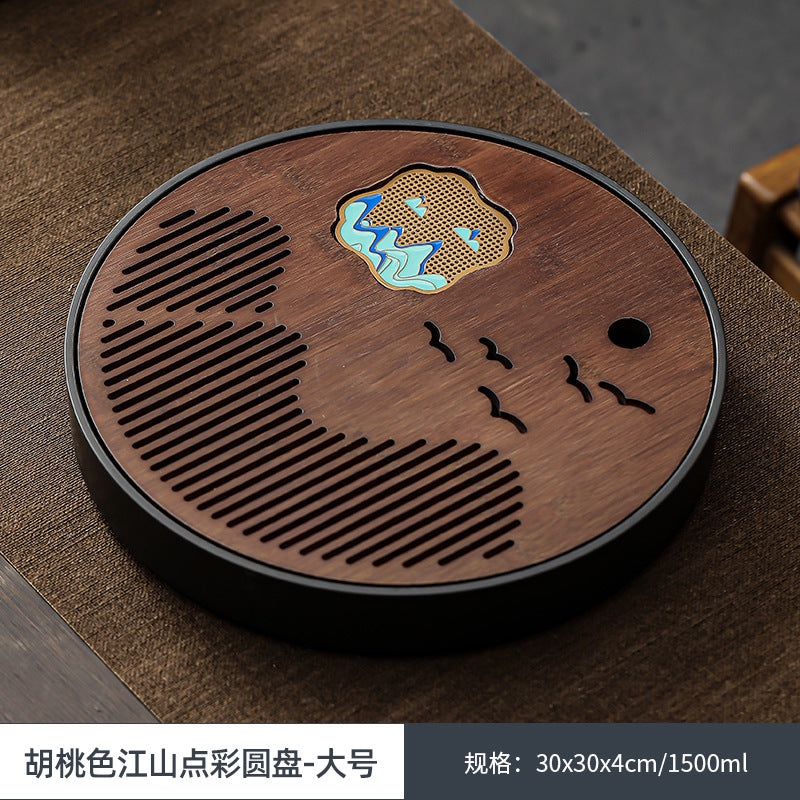 江山竹面茶盤家用簡約圓形茶臺茶託盤幹泡臺功夫茶具茶海儲水式