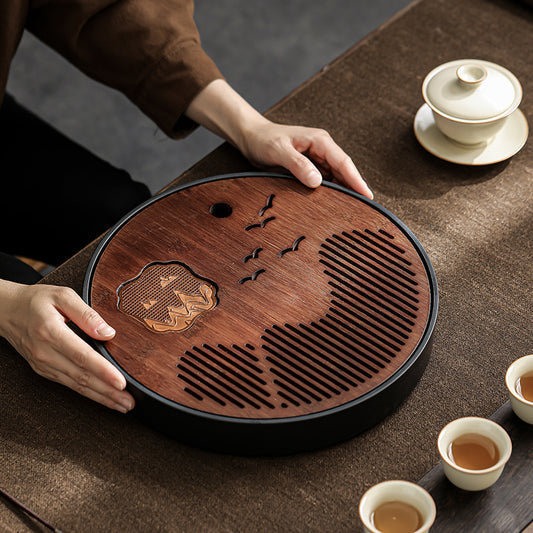 江山竹面茶盤家用簡約圓形茶臺茶託盤幹泡臺功夫茶具茶海儲水式