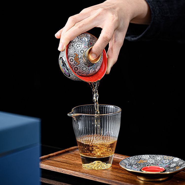 復古宮廷掐絲銀珐琅彩福壽滿園三才蓋碗單個茶碗帶蓋泡茶功夫茶具