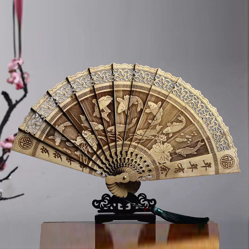 金絲楠木鏤空雕刻古典風摺扇工藝品擺件
