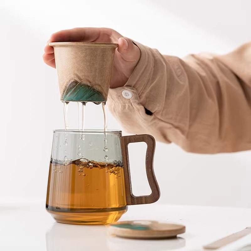 玻璃茶杯陶瓷內膽實木把手茶水分離泡茶杯套盒裝