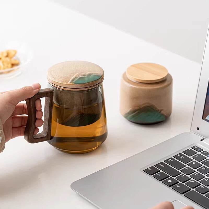 玻璃茶杯陶瓷內膽實木把手茶水分離泡茶杯套盒裝