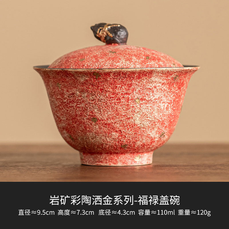 岩礦彩陶三才蓋碗 洒金福祿茶碗 帶蓋泡茶碗 大號茶杯