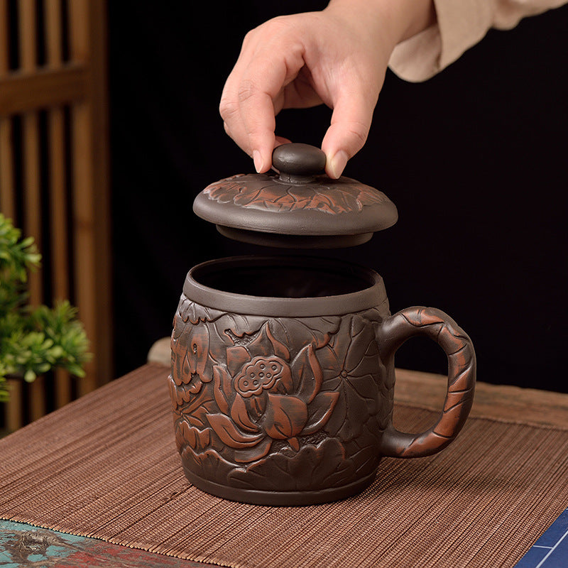 大容量中式宜興紫砂杯家用陶瓷朱泥蓋杯蓮花龍杯茶杯辦公水杯帶蓋