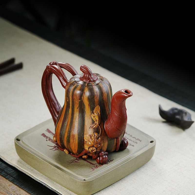 原礦紫砂南瓜彩繪多子多福筋紋壺茶具