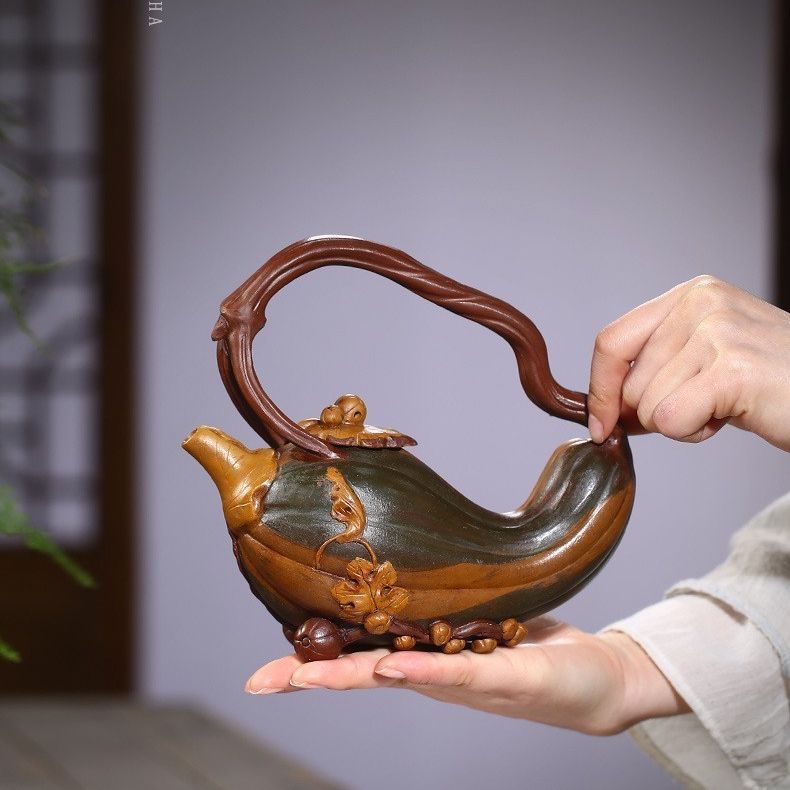 紫砂壶原矿红泥粉浆南瓜提梁壶仿生器紫砂茶壶雨中砂茶具