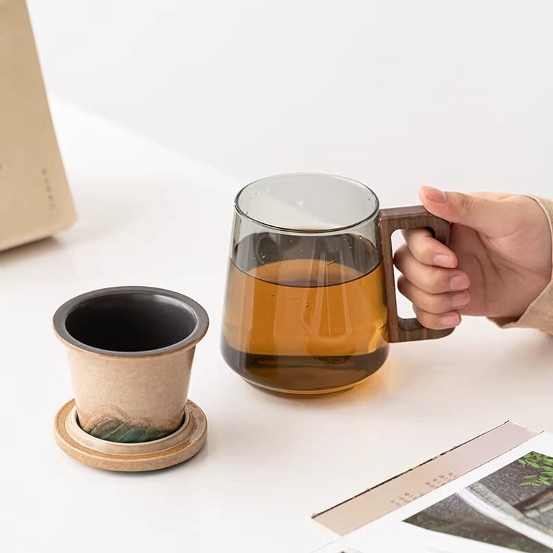 玻璃茶杯陶瓷內膽實木把手茶水分離泡茶杯套盒裝