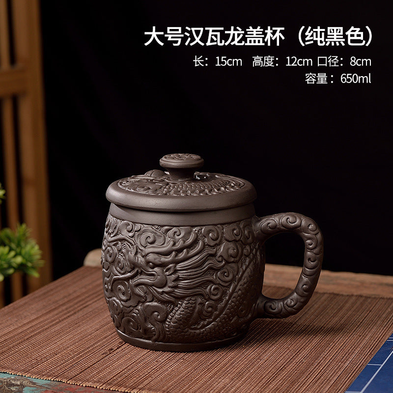 大容量中式宜興紫砂杯家用陶瓷朱泥蓋杯蓮花龍杯茶杯辦公水杯帶蓋