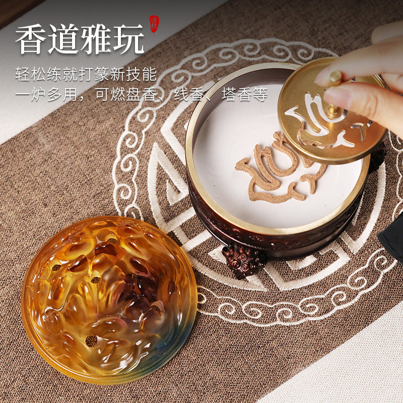 三足狻猊琉璃博山爐黃銅家用室內臥室盤香熏香器蘇工手染茶道