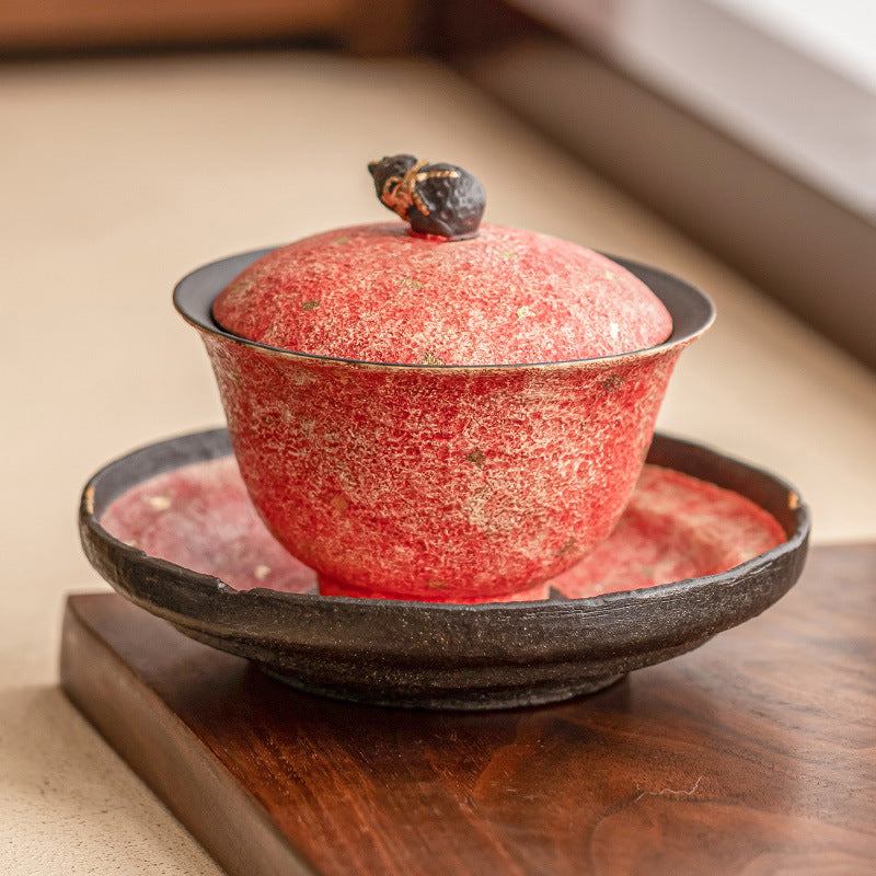 岩礦彩陶三才蓋碗 洒金福祿茶碗 帶蓋泡茶碗 大號茶杯