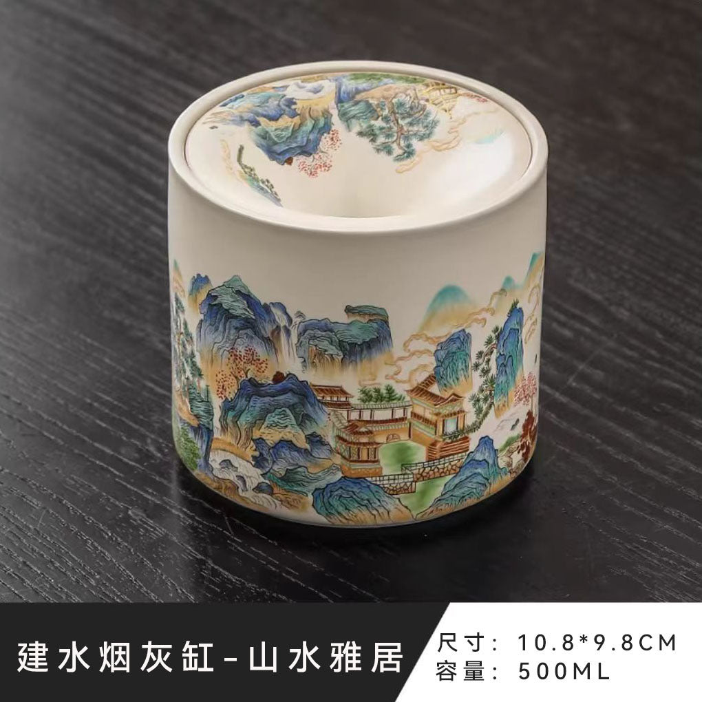 國潮汝窑漏斗式帶蓋防飛灰烟灰缸