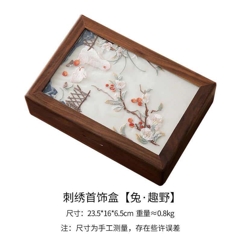 胡桃木刺繡首飾收納盒實木高檔精緻新中式珠寶戒指盒結婚生日禮物