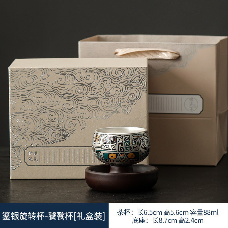 999純銀茶杯單杯時來運轉鎏銀陶瓷茶具高端主人杯360度可旋轉杯