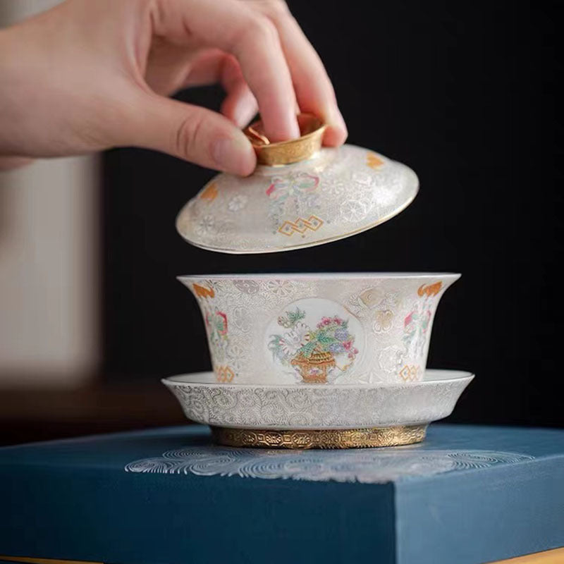 銀掐絲三才蓋碗高檔陶瓷敬茶杯珐琅滿彩復古茶具泡茶碗單個禮盒裝