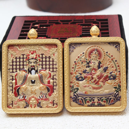 龍五爺唐卡吊墜黃銅鎏金五爺八大守護神雙面立體唐卡吊墜掛件墜子