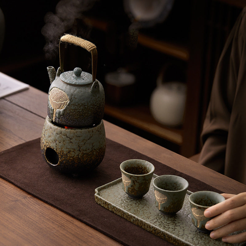 手工描金仿古茶杯窯變粗陶新中式蓮蓬浮雕品茗杯