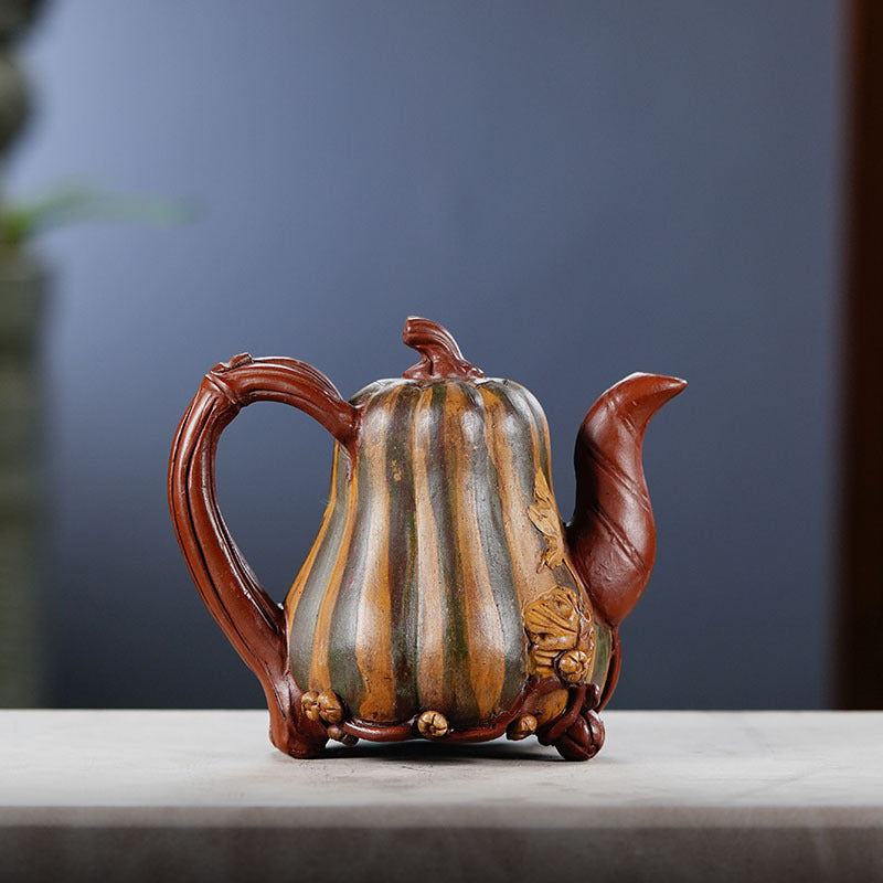 原礦紫砂南瓜彩繪多子多福筋紋壺茶具
