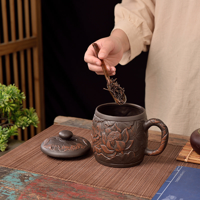 大容量中式宜興紫砂杯家用陶瓷朱泥蓋杯蓮花龍杯茶杯辦公水杯帶蓋