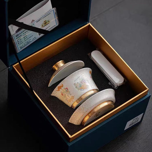 銀掐絲三才蓋碗高檔陶瓷敬茶杯珐琅滿彩復古茶具泡茶碗單個禮盒裝