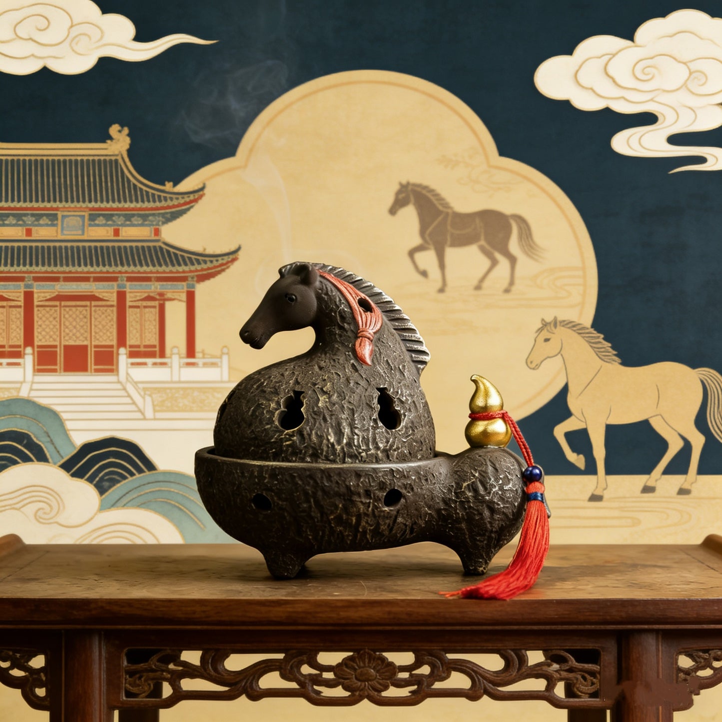 馬上有福香薰爐擺件唐馬年生肖吉祥物線香插底座香托馬到成功茶寵