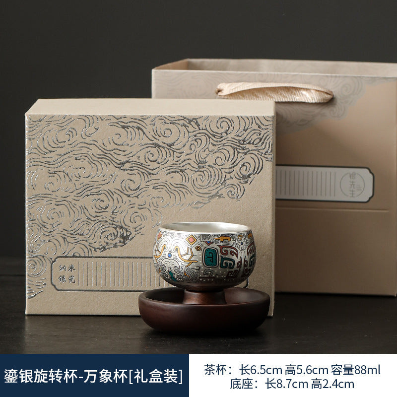 999純銀茶杯單杯時來運轉鎏銀陶瓷茶具高端主人杯360度可旋轉杯