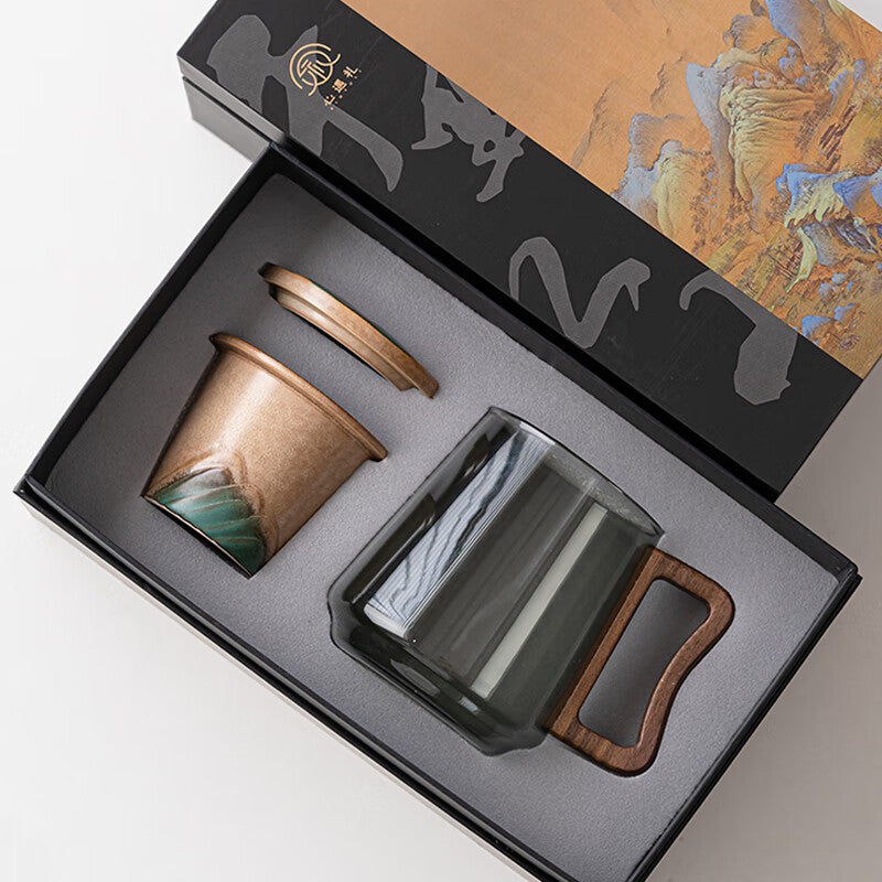 玻璃茶杯陶瓷內膽實木把手茶水分離泡茶杯套盒裝