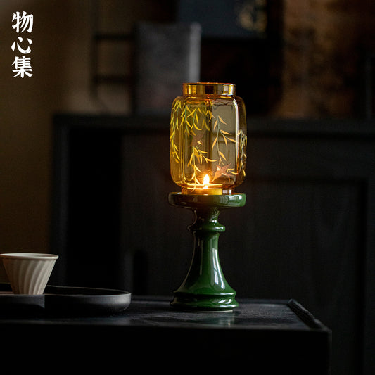 新中式玻璃祖母綠燭台 燕歸氛圍燈 香薰蠟燭 茶道配件 桌面擺件