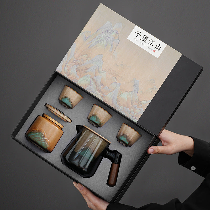 清灰玻璃外壳陶瓷虑胆泡茶壶浮雕江山器表茶杯茶罐