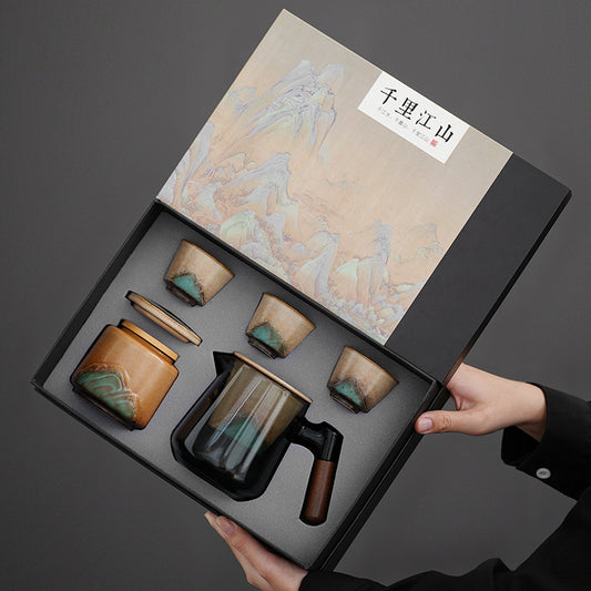 清灰玻璃外壳陶瓷虑胆泡茶壶浮雕江山器表茶杯茶罐