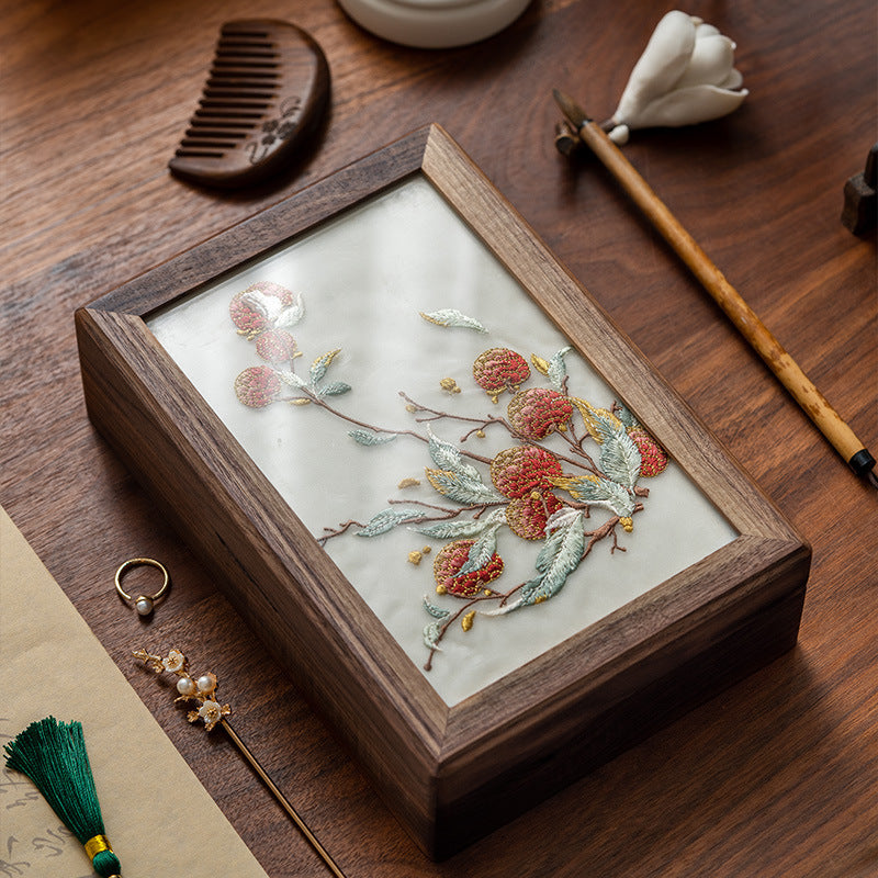 胡桃木刺繡首飾收納盒實木高檔精緻新中式珠寶戒指盒結婚生日禮物