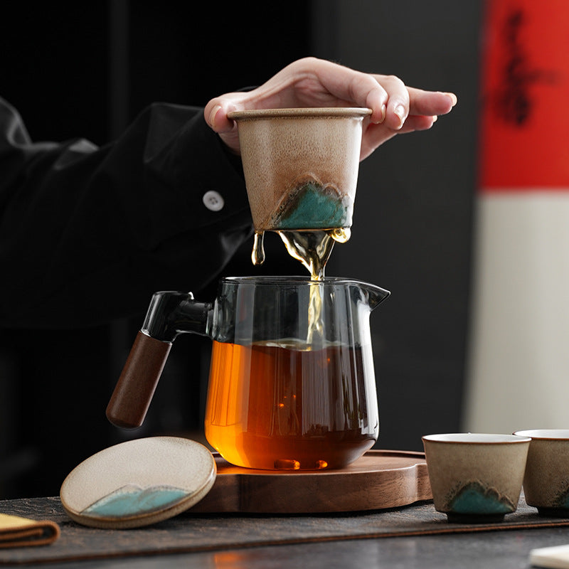 清灰玻璃外壳陶瓷虑胆泡茶壶浮雕江山器表茶杯茶罐