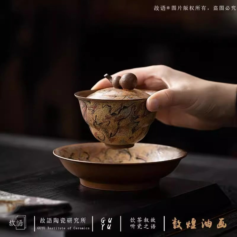 敦煌油畫純手工手繪三才蓋碗功夫茶具中國風不燙手泡茶碗釉下彩