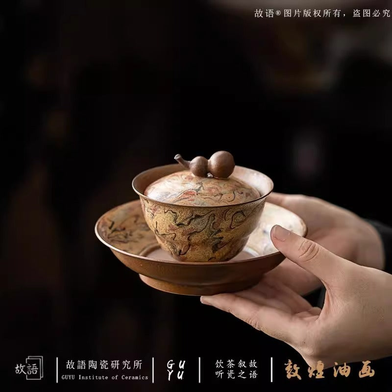 敦煌油畫純手工手繪三才蓋碗功夫茶具中國風不燙手泡茶碗釉下彩