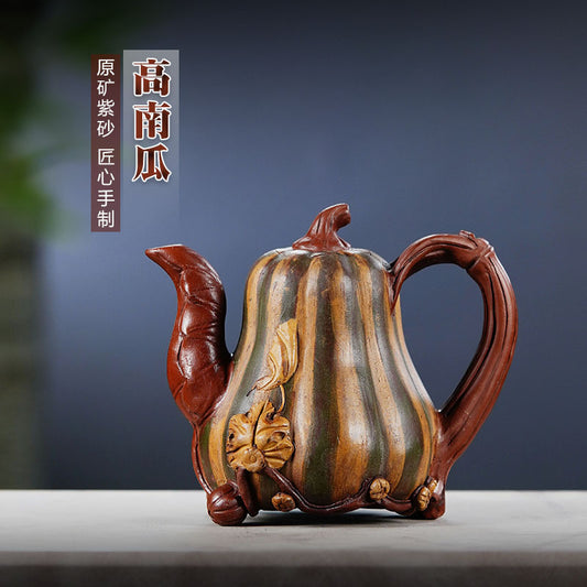 原礦紫砂南瓜彩繪多子多福筋紋壺茶具