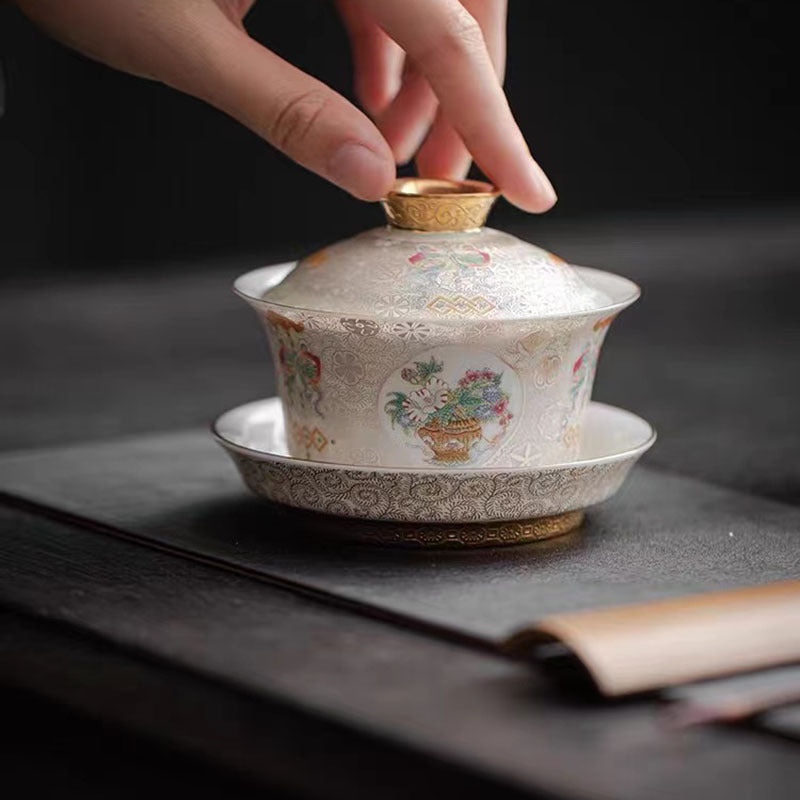銀掐絲三才蓋碗高檔陶瓷敬茶杯珐琅滿彩復古茶具泡茶碗單個禮盒裝