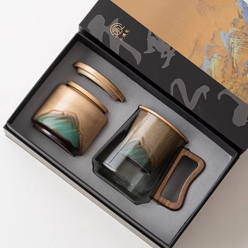 玻璃茶杯陶瓷內膽實木把手茶水分離泡茶杯套盒裝