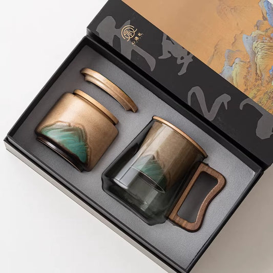 玻璃茶杯陶瓷內膽實木把手茶水分離泡茶杯套盒裝