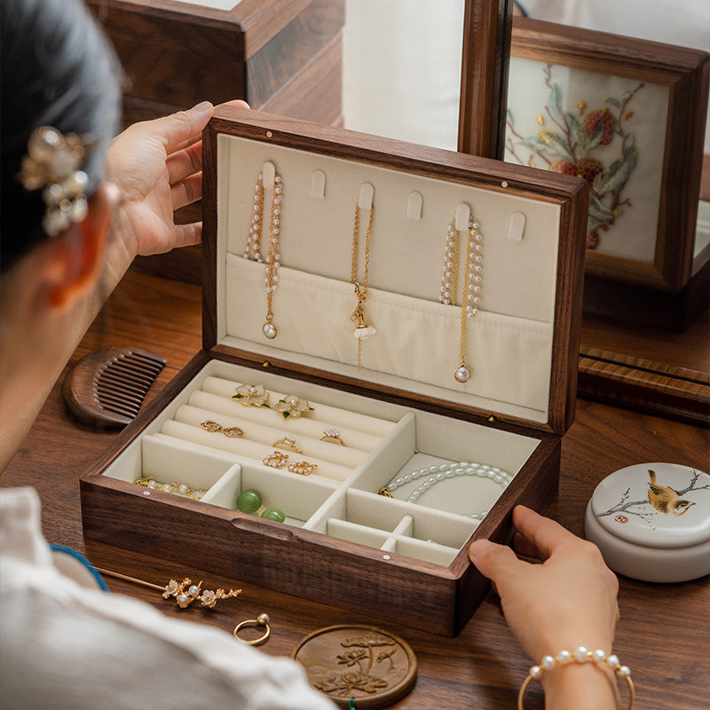 胡桃木刺繡首飾收納盒實木高檔精緻新中式珠寶戒指盒結婚生日禮物