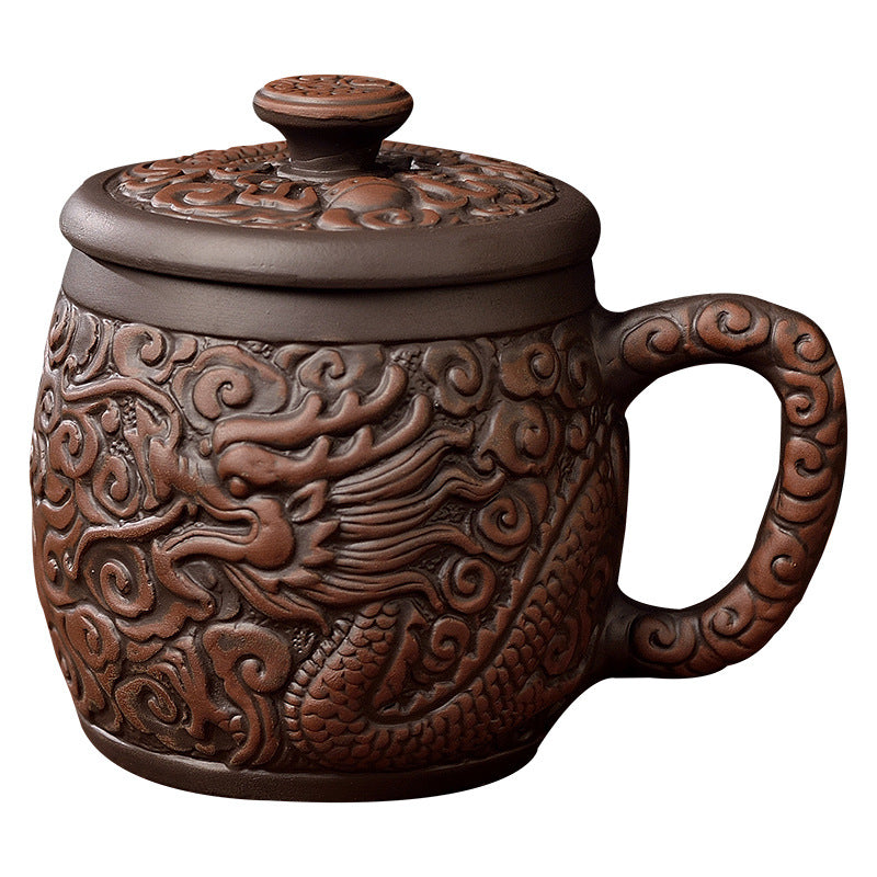 大容量中式宜興紫砂杯家用陶瓷朱泥蓋杯蓮花龍杯茶杯辦公水杯帶蓋