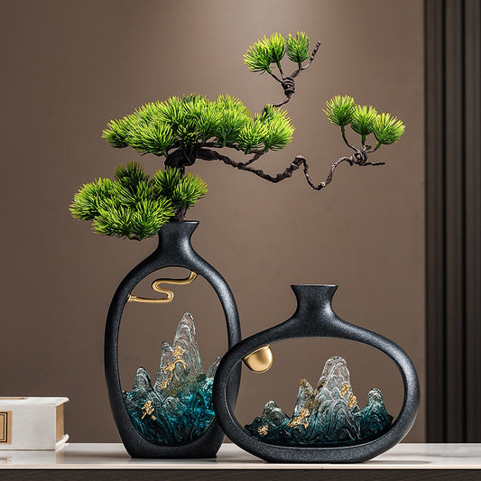 新中式迎客松花瓶家用裝潢擺件喬遷禮品