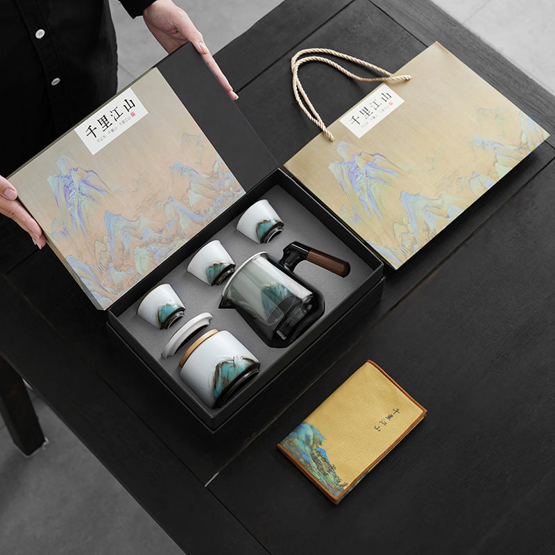 清灰玻璃外壳陶瓷虑胆泡茶壶浮雕江山器表茶杯茶罐